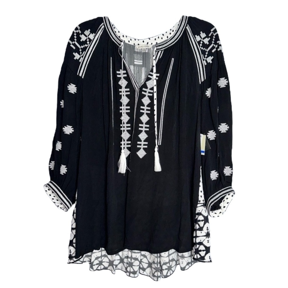 John Mark Black Tunic with White Embroidery